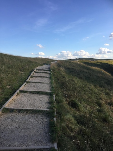 Strada stretta che conduce verso un campo erboso