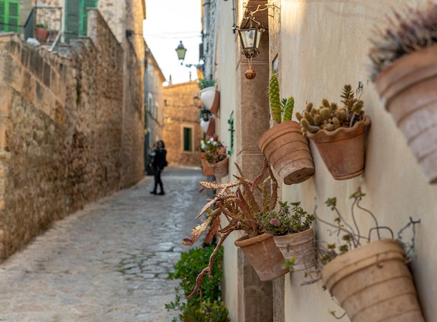 Strada stretta nel centro storico con facciate decorate con piante e una donna sola sullo sfondo