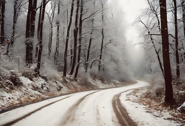 Strada sullo sfondo della foresta invernale