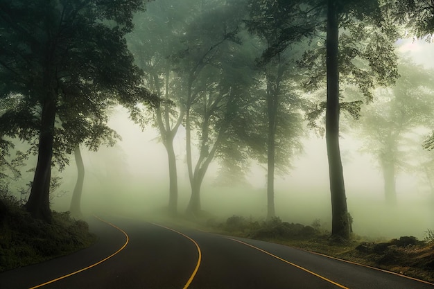 Strada tortuosa di montagna panoramica dopo la pioggia attraverso la foresta autunnale Strada asfaltata vuota con colline forestali Paesaggio stradale cinematografico