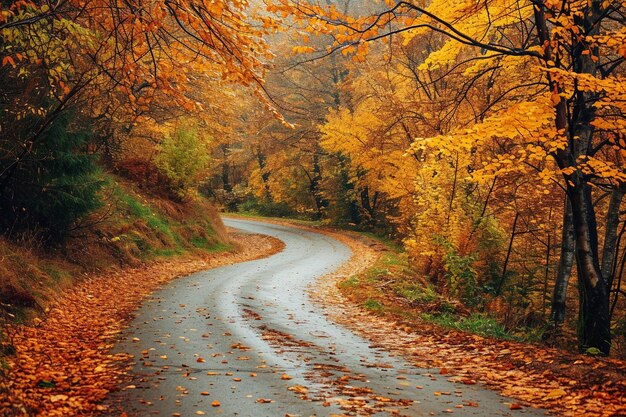 Strada tortuosa e colorata in autunno