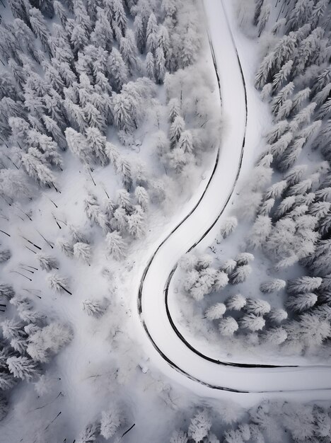 Strada tortuosa tra le colline boscose in inverno vista aerea