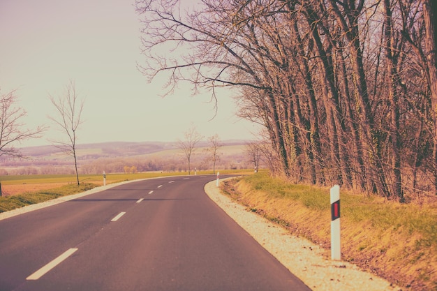 Strada tortuosa vuota all'inizio della primavera