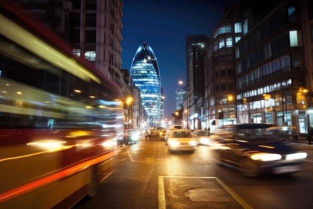 Strada trafficata della città di notte auto veloci e autobus in movimento sfocato IA generativa AIG18