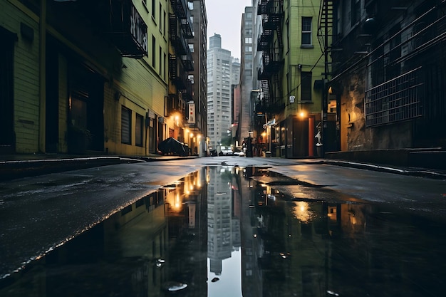Strada urbana bagnata dalla pioggia con riflessi