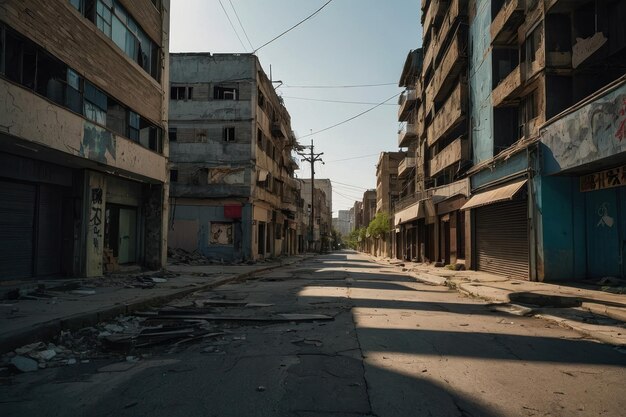 Strada urbana deserta con edifici danneggiati