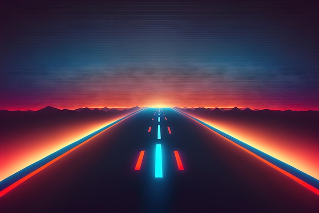 Strada verso il concetto di orizzonte con colori synthwave Sfondo astratto con modo notturno surreale in stile anni '80 AI generato