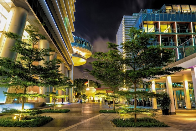 Strada vicino all'argine di Marina Bay a Singapore di notte. Lungomare con ristorante e bar illuminato di luce