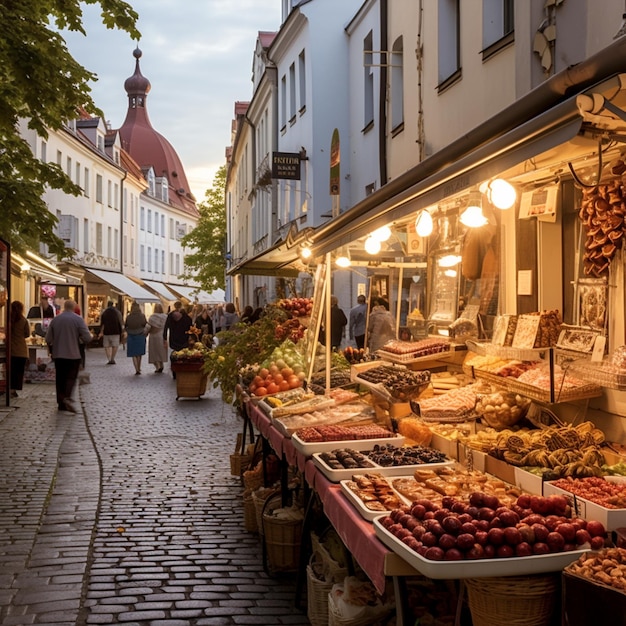 Strada vivace con diverse bancarelle di cibo a Tallinn, in Estonia