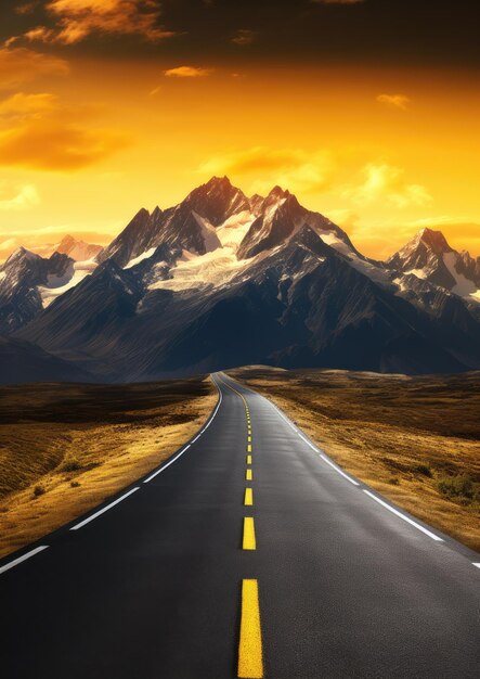 Strada vuota con montagne sagomate sullo sfondo concetto di viaggio all'estero Carta da parati naturale