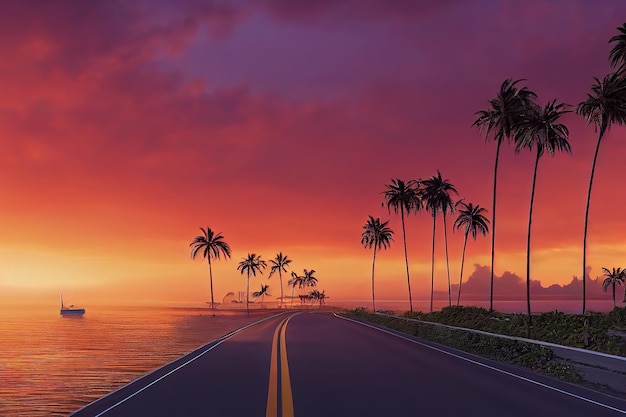 Strada vuota dell'automobile accanto alla spiaggia al tramonto con le palme e una vista del paesaggio marino con l'illustrazione 3d delle barche