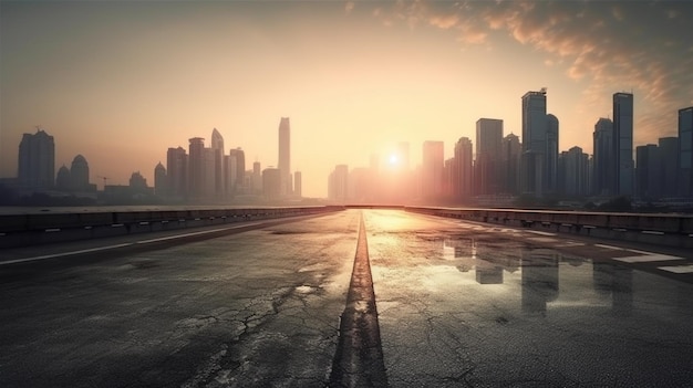 Strada vuota di asfalto e skyline della città moderna con paesaggio dell'edificio al tramonto a vista ad alto angolo