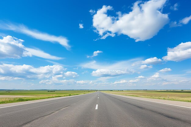 Strada vuota di asfalto sotto un cielo blu con nuvole