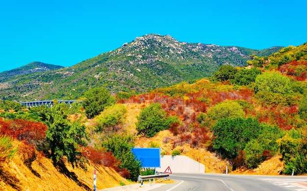 Strada vuota senza auto di Villasimius in Sardegna in Italia estate. Trasporto che guida su autostrada d'Europa. Vacanza in autostrada. provincia di Cagliari. Montagne sullo sfondo. Tecnica mista.