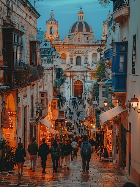 Strade acciottolate di un centro storico con turisti che esplorano