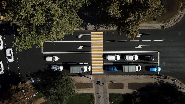 Strade cittadine dall'alto - moderno incrocio del traffico urbano ad agosto