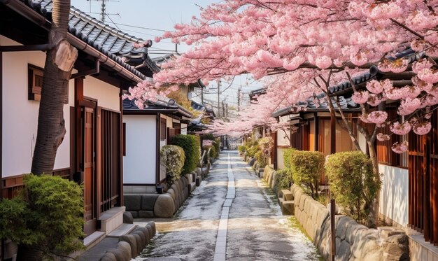 strade del villaggio coreano con fiori di sakura