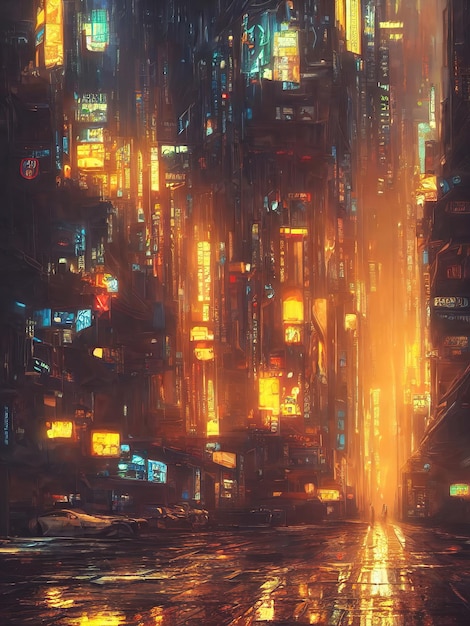 Strade della città di Cyberpunk Case luminose luminose e finestre di grattacieli di una fantastica città del futuro Insegne pubblicitarie al neon 3d illustrazione