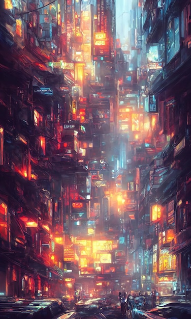 Strade della città di Cyberpunk Case luminose luminose e finestre di grattacieli di una fantastica città del futuro Insegne pubblicitarie al neon 3d illustrazione