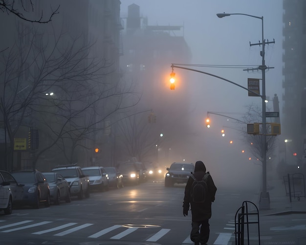 Strade piene di nebbia, passi che risuonano.