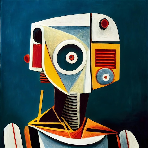 Strana faccia da robot in un dipinto in stile Pablo Picasso