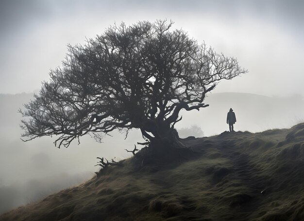 strana silhouette di un albero paesaggio scena nebbiosa