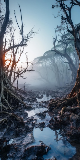 Stranamente realistiche illustrazioni Dark Fantasy di alberi dalla nebbia all'alba