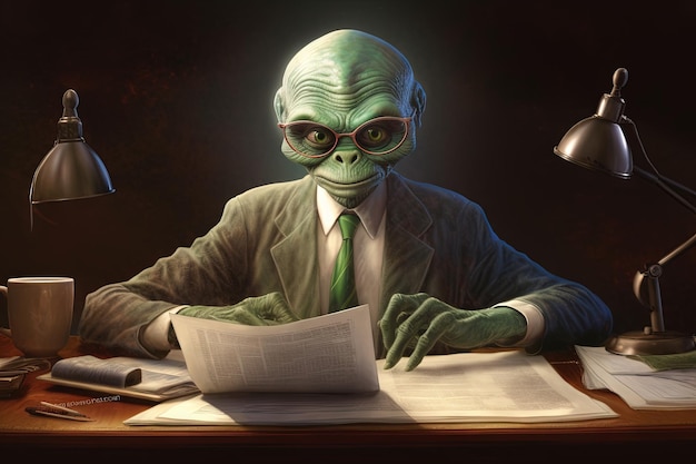 Stranieri extraterrestri studio legale alieno alla sua scrivania personaggio illustrazione generativa ai