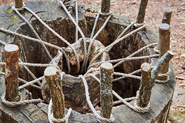 Strano attrezzo costruito nel tronco di un albero con bastoni e corde che tengono in piedi legno o pietra al centro della fossa