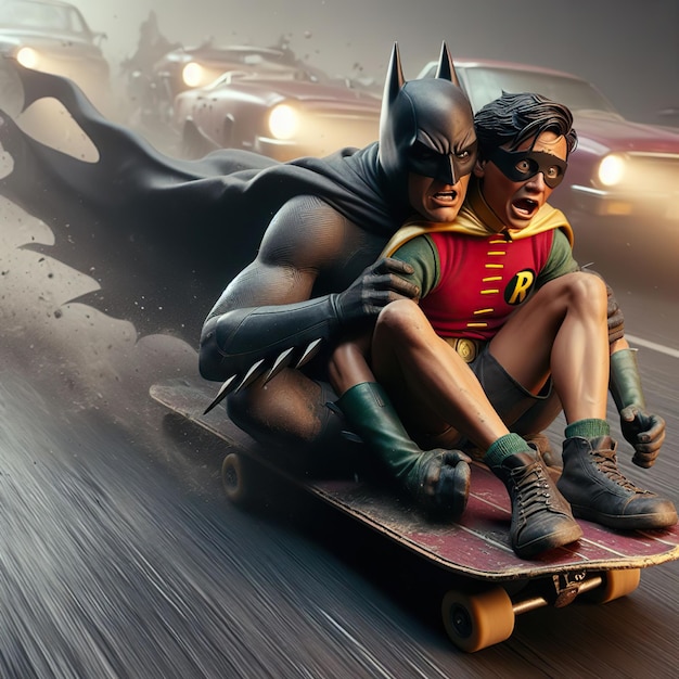 Strano Batman e Robin che fanno skateboard nel traffico.