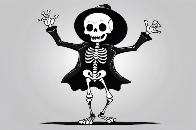 Strano cartone animato che danza scheletro semplice illustrazione in bianco e nero