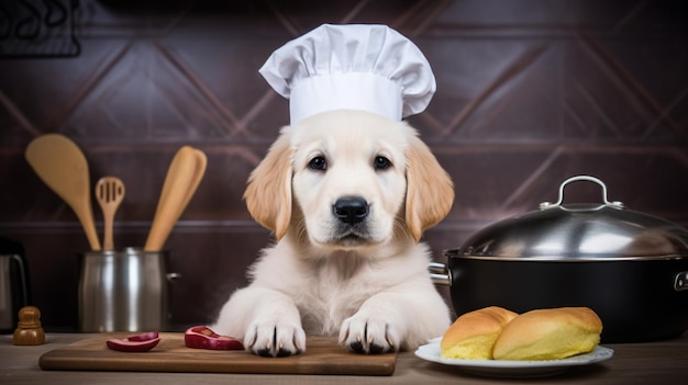 Strano cucciolo di golden retriever con il cappello da cuoco che guarda la telecamera