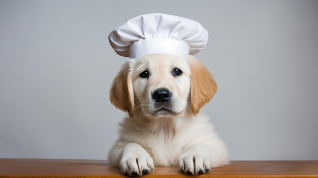 Strano cucciolo di golden retriever con il cappello da cuoco che guarda la telecamera