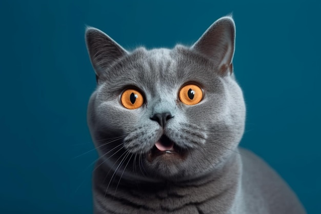Strano ritratto di gatto britannico a pelo corto che sembra scioccato o sorpreso isolato blu generativo ai