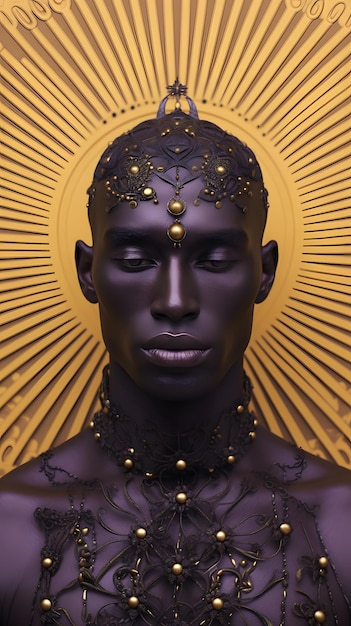 strano strano modello maschile nero simmetrico con sfondo lavanda e oro