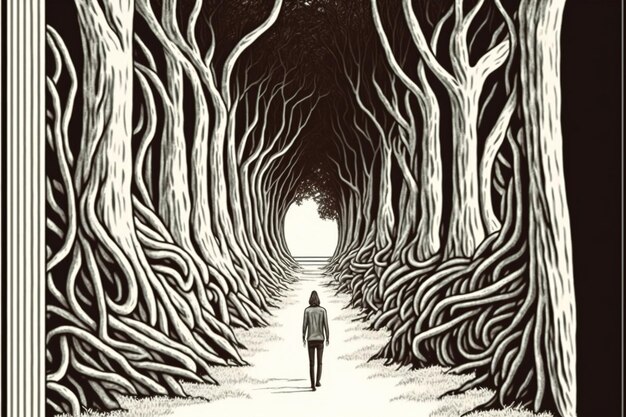 Strano uomo in piedi sulla strada L'uomo in piedi in una strada piena di alberi malvagi La foresta malvagia sembra spaventosa pittura di illustrazione in stile arte digitale