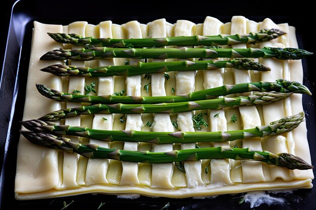 Strati di pasta frolla e formaggio cremoso con punte di asparagi in cima