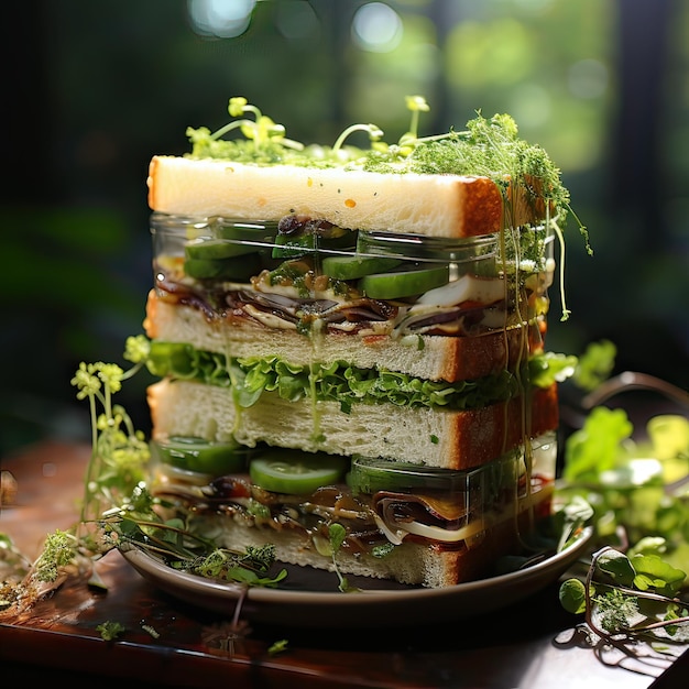 Strati impilati di sapore si uniscono tra il pane Un panino creatività commestibile una delizia portatile Sim