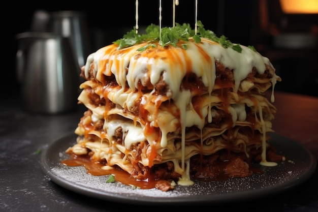 Stratificazione di tagliatelle di lasagna con salsa e formaggio