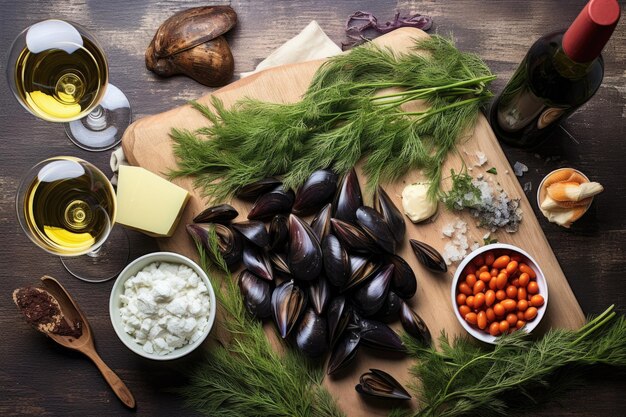 Strato di ingredienti per la preparazione di cozze in vino bianco