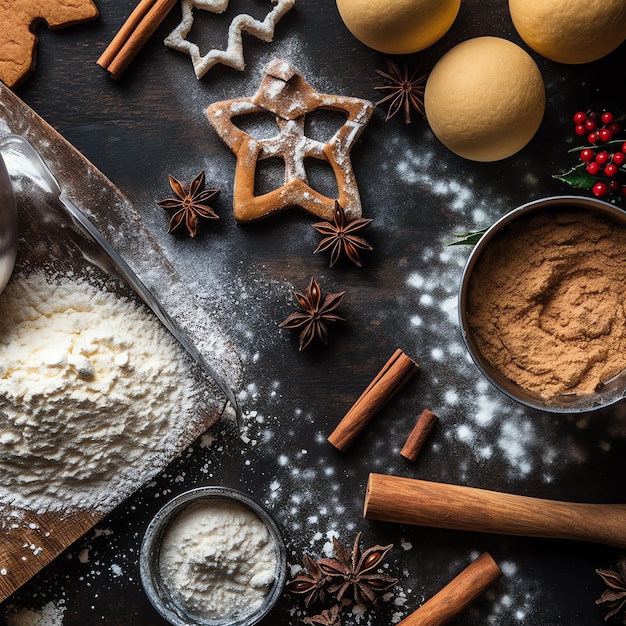 Strato piatto di cottura di ingredienti per la cottura di Natale fatti in casa o biscotti di pan di zenzero messi in tavola