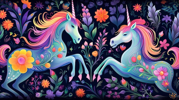 Stravagante motivo floreale unicorno con fiori fantasia e unicorni