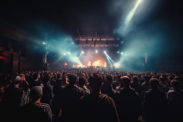 Stravaganza notturna accattivante vista posteriore di fan entusiasti al concerto di musica