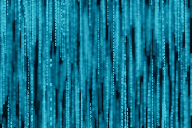 Stream of binary matrix code numbers on the screen 3d rendering