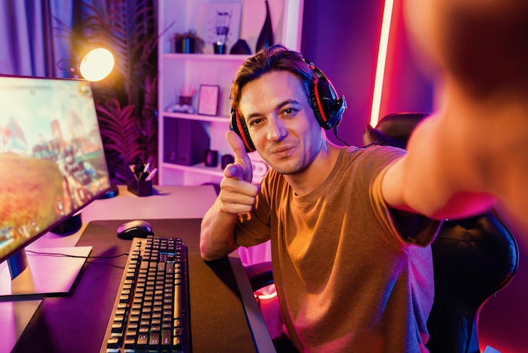 Foto streamer di gioco intelligente che guarda la telecamera con la squadra di battaglia pecuniaria