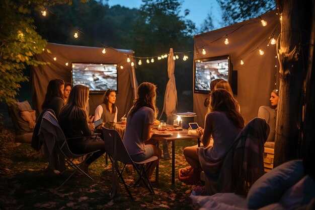 Streamers Outdoor Gaming Room Ragazze con una configurazione di gioco su un'illustrazione Decorazione di sfondo di tendenza