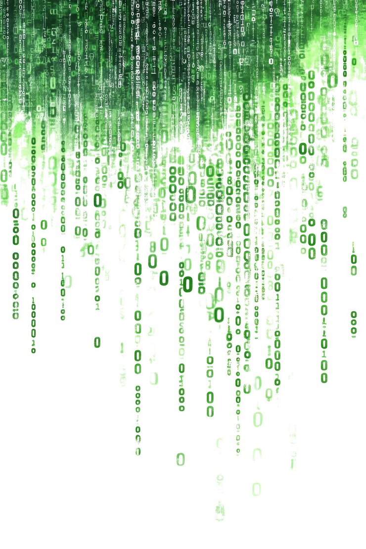 Streaming di linee di codice binario verde su sfondo bianco