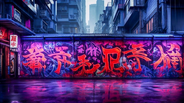 Street photograph magenta kanji graffiti sotto la luce nera nella città cyberpunk di Tokyo Generative AI