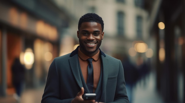 Street shot ritratto di felice uomo d'affari nero utilizzando smartphone in città sorridente imprenditore afroamericano utilizzando cellulare app investimento mercato azionario sfocatura sfondo movimento