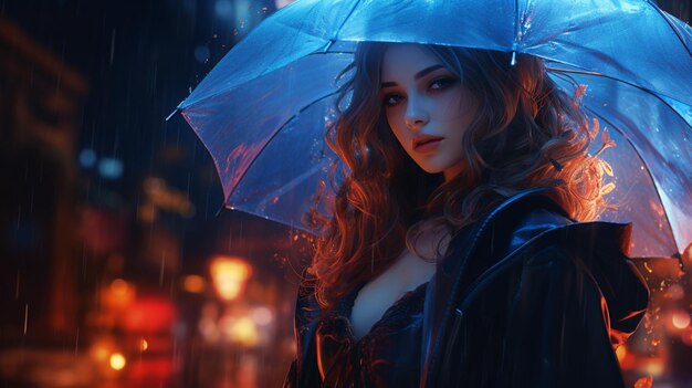 Streets style anime girl ombrello luce notturna pittura a parete immagine arte generata dall'AI